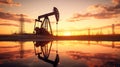 Oil field, oil pumps work in the evening. Oil pump and beautiful sunset reflected in the water, silhouette of a beam pumping plant Royalty Free Stock Photo