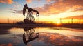 Oil field, oil pumps work in the evening. Oil pump and beautiful sunset reflected in the water, silhouette of a beam pumping plant Royalty Free Stock Photo