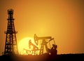 Oil field over sunset. Vector illustration. Gas industry. Dark silhouette drilling rig. Royalty Free Stock Photo