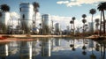 Oil field, oil pumps work in the evening. Oil pump and beautiful sunset reflected in the water, silhouette of a beam pumping plant Royalty Free Stock Photo