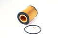 The oil filter lies with a sealing ring on a white background.