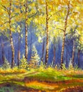 Oil fine art Landscape painting showing wild autumn trees in forest