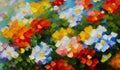 Oil flowers. Beautiful delicate feminine multi-colored spring or summer flowers close-up, generated by AI. Bouquet of