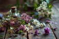 oil and flowers on the table were used for a natural deodorant Royalty Free Stock Photo