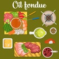 Oil fondue with meat and vegetables like carrot, tomato, pea