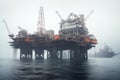 Oil and gas drilling platform in the middle of a foggy sea