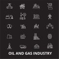 Oil and gas industry editable line icons vector set on black background. Oil and gas industry white outline Royalty Free Stock Photo