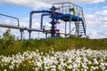 Oil, gas industry. Group wellheads and valve armature, Gas valve, Gas well of high pressure, against the blue sky with clouds