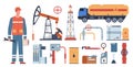 Oil and gas industry. Petroleum extraction equipment. Worker in uniform. Gasoline production technology. Fuel transportation. Royalty Free Stock Photo