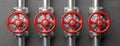 Industrial pipelines and valves with red wheels on gray wall background. 3d illustration
