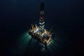 Oil and gas industry. Oil platform in the sea. View from above, Aerial view of jack up drilling rig in the middle of the ocean