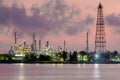 Oil and gas industry refinery, river skyline in the morning