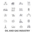 Oil and gas industry, rig, platform, exploration, refinery, energy, industrial line icons. Editable strokes. Flat design