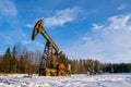 Oil and gas industry. Silhouette oil pumps on a sunset sky background.Oil industry equipment. Close up Industrial view at oil