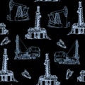 Oil and Gas industry. Stationary and mobile exploration drilling rigs. Gray on Black. Seampless pattern. Royalty Free Stock Photo