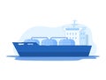 Oil gas industry vector illustration, cartoon flat LNG ship tanker with compressed gas passing to rig drilling platform