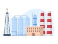 Oil gas industry vector illustration, cartoon flat urban factory plant landscape with buildings of processing petrol