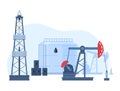 Oil gas industry vector illustration, cartoon flat urban landscape with drilling rig in oilfield, storage in tanks icon