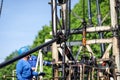 Oil and gas industry worker operates oil rig drill pipes on an oil well rig Royalty Free Stock Photo