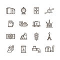 Oil and gas manufacturing and industrial equipment vector line icons