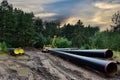 Oil and Gas Pipeline Construction. Natural Gas and Crude oil transmission in pipe from gas storage and plant development to