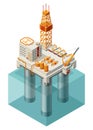 Oil gas platform isometric icon composition in water. Offshore mining elements of depot petroleum products with drilling