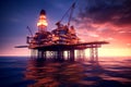 Oil and gas platform in the middle of the sea at sunset. Offshore jack up rig on the ocean in twilight. Generative AI