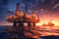 Oil and gas platform in the middle of the sea at sunset. Offshore jack up rig on the ocean in twilight. Generative A