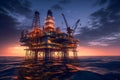 Oil and gas platform in the middle of the sea at sunset. Offshore jack up rig on the ocean in twilight. Generative AI
