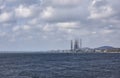 The Port of Dundee with two Oil Rigs alongside for a refit in front of the Tay Rail Bridge.