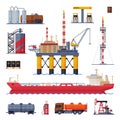 Oil and Gas Production, Processing and Transportation Set, Gasoline and Petroleum Industry Flat Style Vector