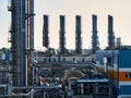 Oil and gas refinery industrial plants with silhouette image. Chemical plant in backlight wuth copyspace selective focus Royalty Free Stock Photo