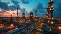 Oil and gas refinery plant or petrochemical industry, aerial view of factory after sunset. Scene of chemical petroleum industrial Royalty Free Stock Photo