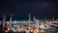 Oil and gas refinery plant or petrochemical industry at night sky, Manufacturing of petroleum industrial business aerial view Royalty Free Stock Photo