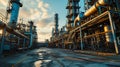 Oil and gas refinery plant or petrochemical industry, scenery of factory at sunset. Perspective view of chemical petroleum Royalty Free Stock Photo