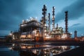 oil and gas refining plant with a network of long transport pipes,in the evening, the concept of oil and gas refining,economics,