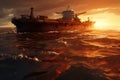 oil and gas ship on the ocean at sunset 3 d rendering, An oil spillage in the ocean, tanker in the back, AI Generated