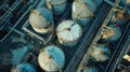 Oil and gas tanks in refinery plant or petrochemical industry, aerial top view of storages. Scene of chemical petroleum buildings