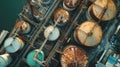 Oil and gas tanks in refinery plant or petrochemical industry, aerial top view of storages by sea. Scene of chemical petroleum