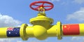 AUSTRALIA CHINA gas or oil transit concept. Pipe with valve, 3D rendering