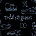 Oil and gas transportation. Ocean, railroad and road transport. Gray on black. Seamless pattern.