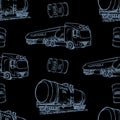 Oil and gas transportation. Rrailroad and road transport. Gray on black. Seamless pattern