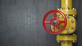 Oil and gas yellow pipeline valve on gray wall background.. Opening and closing fields, transportation, storage and processing in Royalty Free Stock Photo