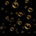 Oil gold bubbles isolated on black background. Realistic cosmetic golden glass pill capsules collagen serum template. Royalty Free Stock Photo