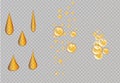 Oil gold bubbles isolated on black background. Realistic cosmetic golden glass pill capsules collagen serum template.