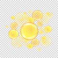 Oil golden bubbles isolated on transparent background. Realistic gold collagen balls. Oily vitamin serum droplets. Cosmetic Royalty Free Stock Photo