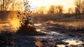Oil gusher erupts dramatically from the ground in a rural landscape during sunset. Generative AI Royalty Free Stock Photo
