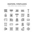 Oil heater, fireplace, convector, panel column radiator and other house heating appliances line icons. Home warming thin