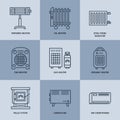 Oil heater, fireplace, convector, panel column radiator and other house heating appliances line icons. Home warming thin Royalty Free Stock Photo