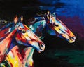 Oil horse portrait painting in multicolored tones. Conceptual abstract painting of a horses. Royalty Free Stock Photo